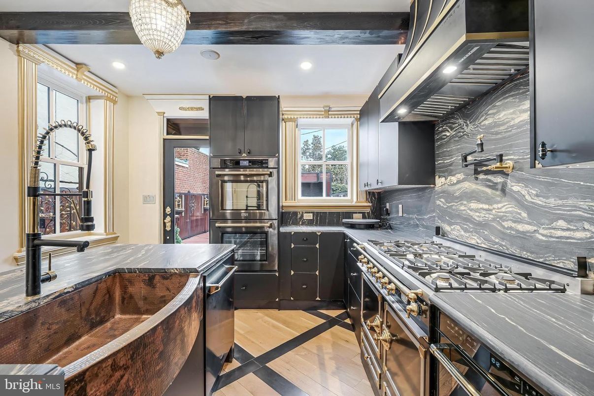 Chandelier, Interior, Kitchen, Recessed Lighting, Stainless Steel Appliances, Wood Texture Flooring