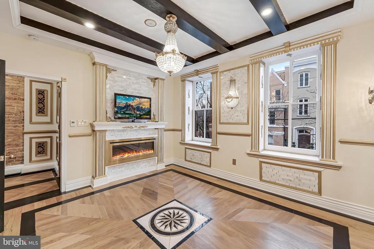 Chandelier, Fireplace, Interior, Recessed Lighting, Wooden Beams, Wood Texture Flooring