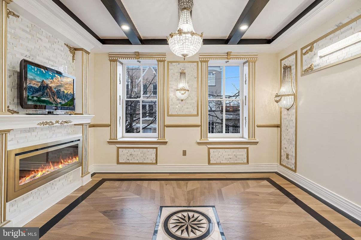 Chandelier, Empty room, Fireplace, Interior, Recessed Lighting, Wooden Beams, Wood Texture Flooring