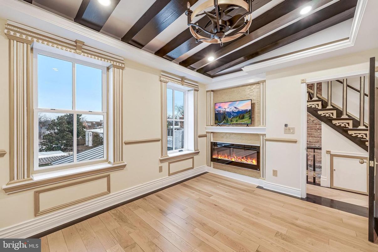 Fireplace, Interior, Recessed Lighting, Wooden Beams, Wood Texture Flooring