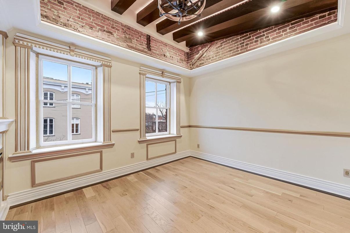 Empty room, Interior, Recessed Lighting, Stone Walls, Wooden Beams, Wood Texture Flooring