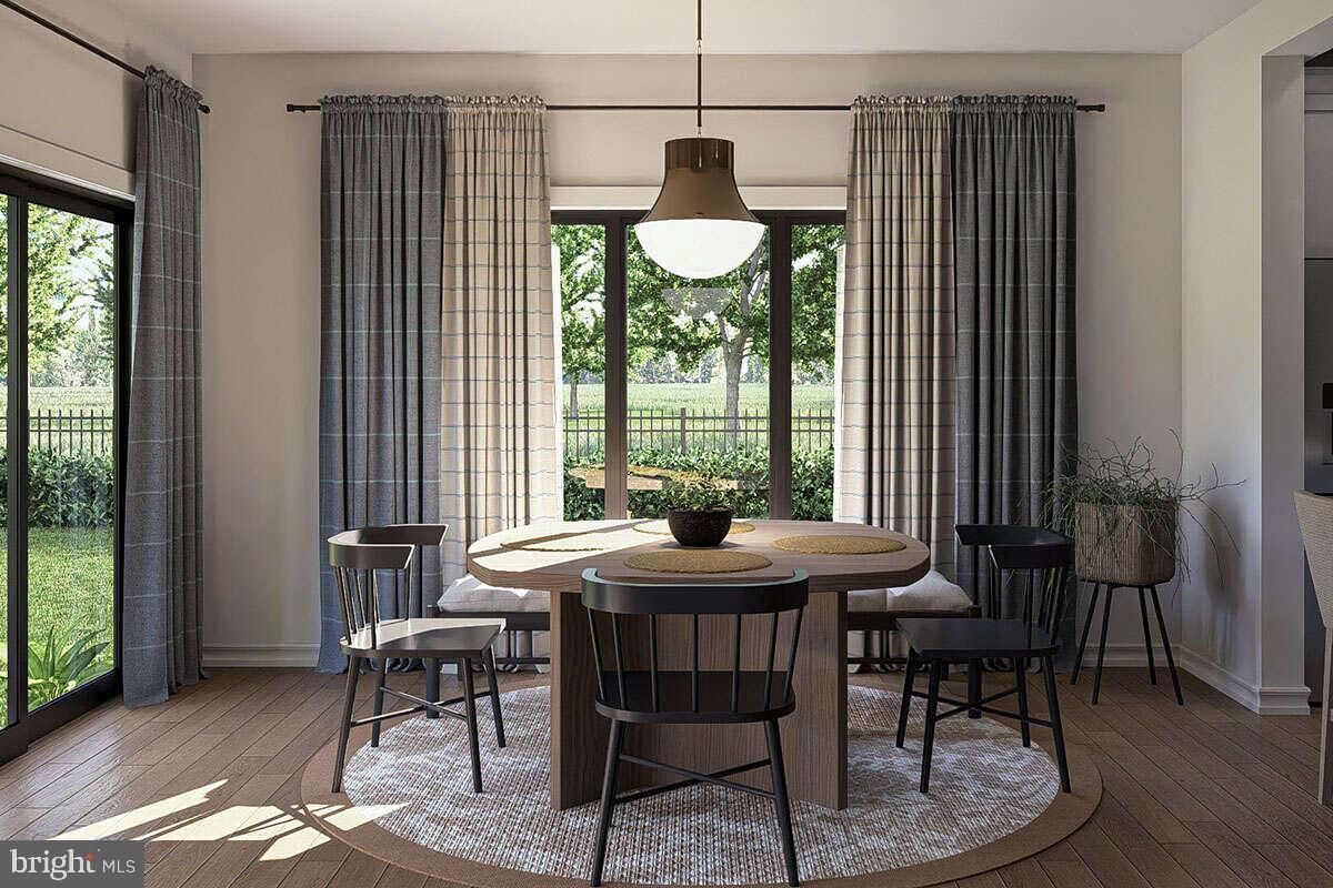 Dining room, Interior, Pendant Lights, Wood Texture Flooring