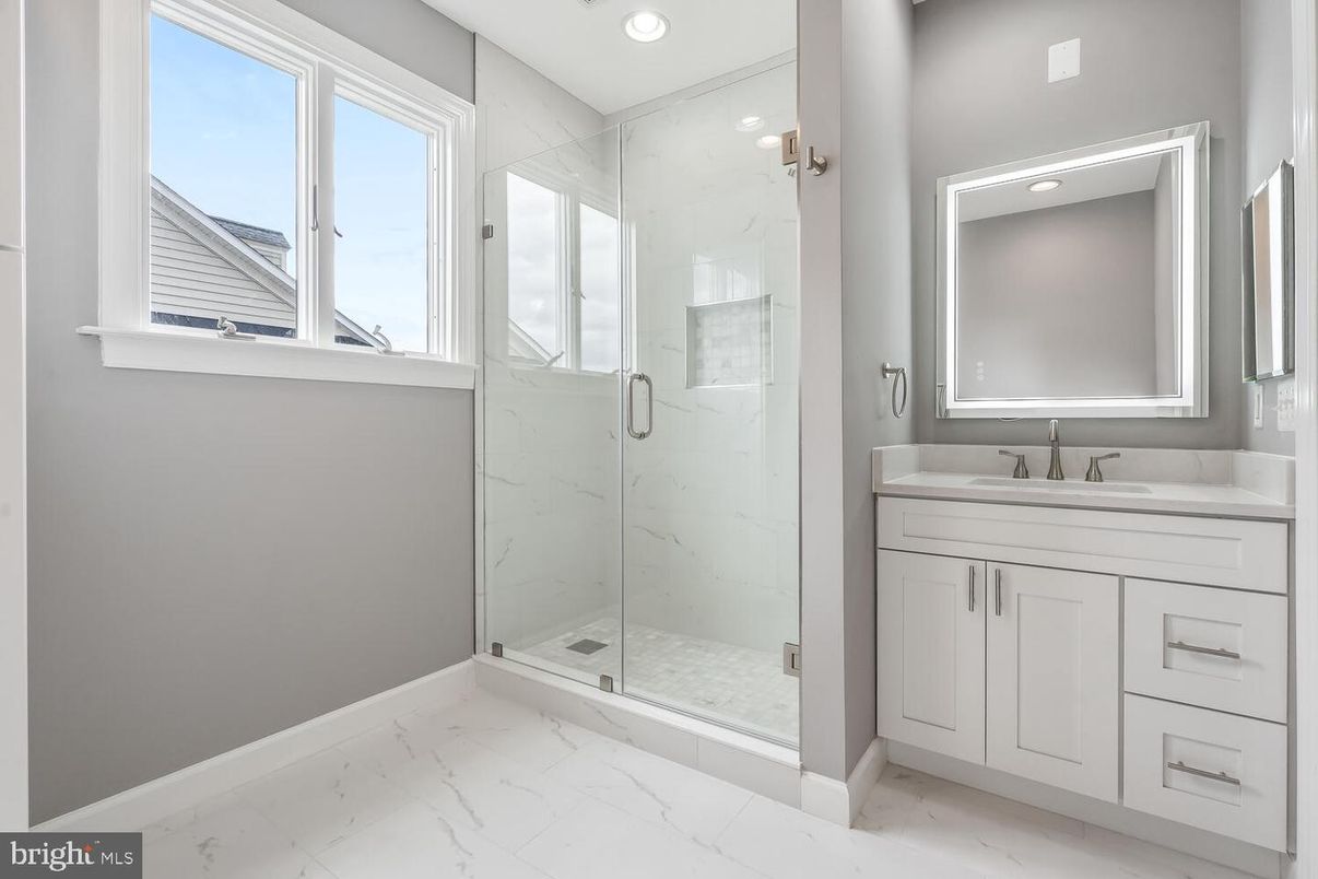 Bathroom, Glass Shower, Interior, Marble, Marble Walls, Recessed Lighting