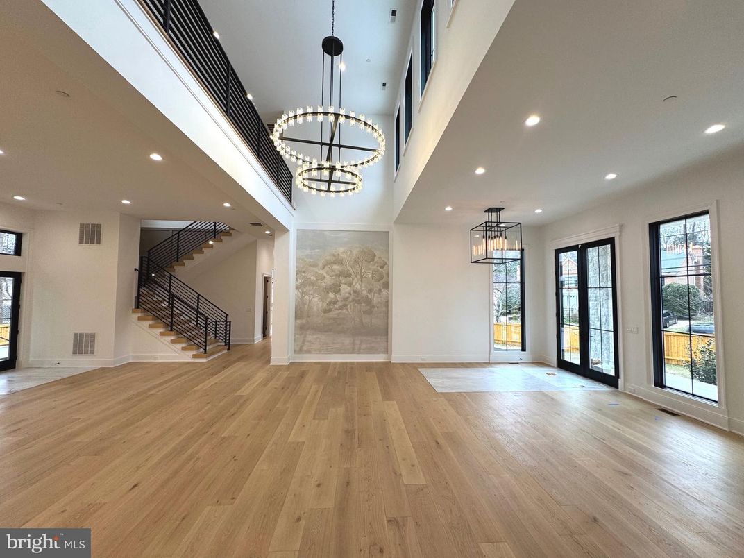 Chandelier, Empty room, Interior, Pendant Lights, Recessed Lighting, Wood Texture Flooring