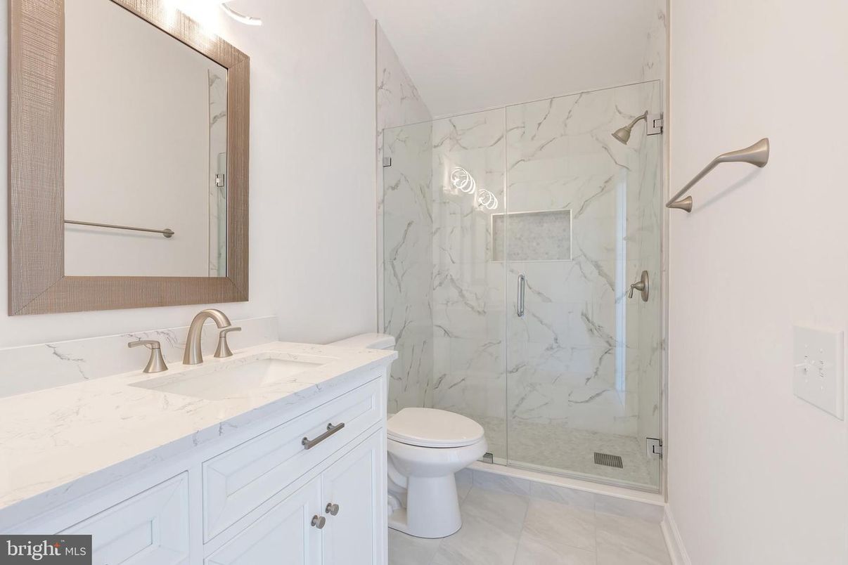 Bathroom, Glass Shower, Interior, Marble Walls, Recessed Lighting