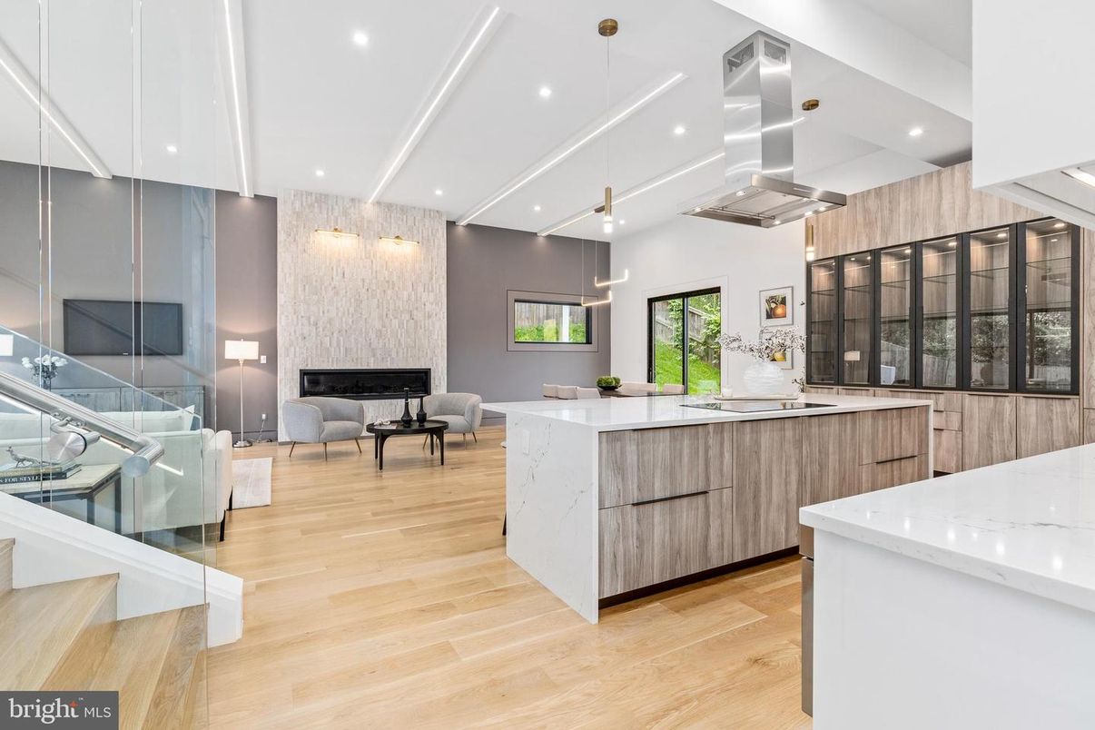 Fireplace, Interior, Kitchen, Living room, Pendant Lights, Recessed Lighting, Wood Texture Flooring