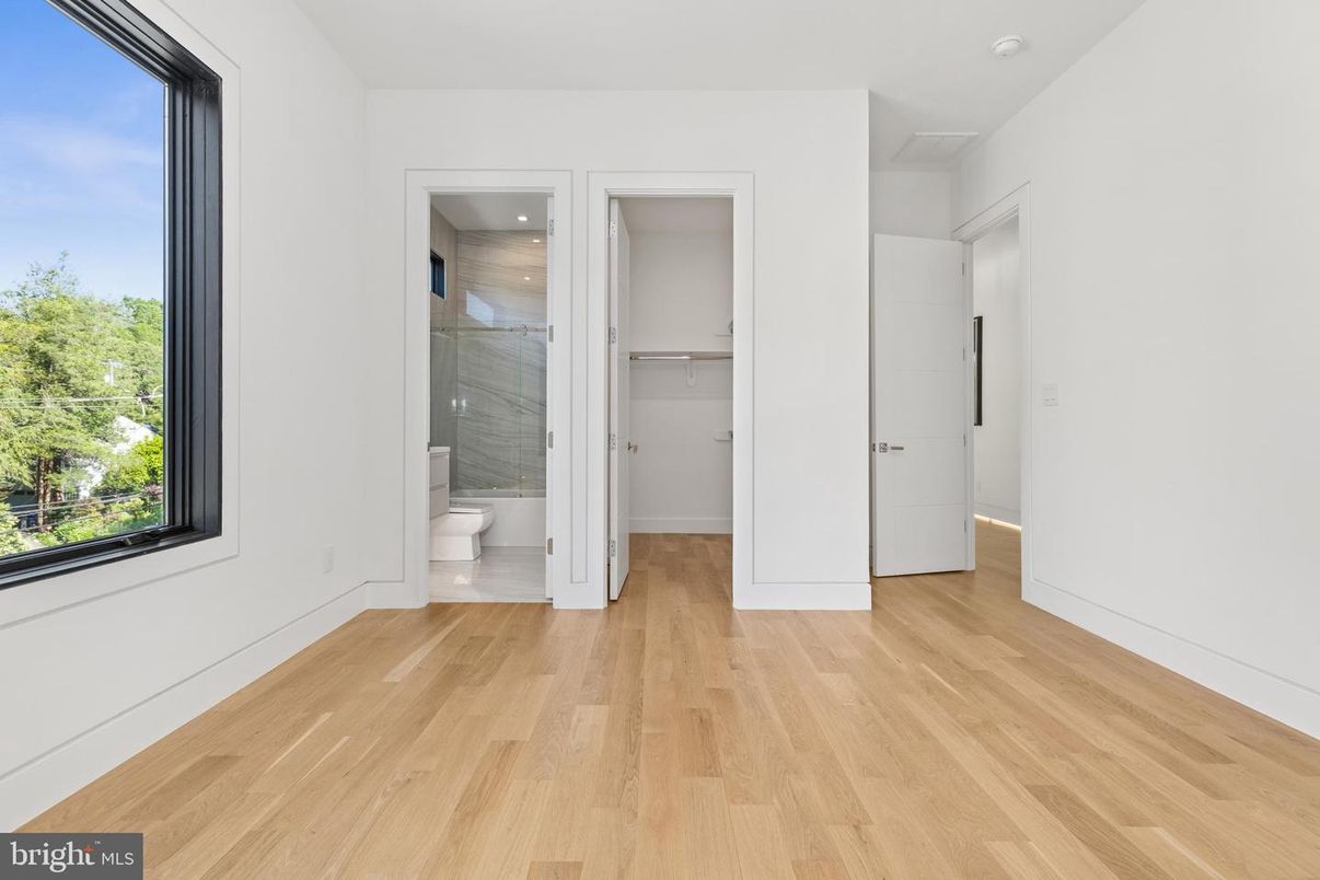 Bathroom, Empty room, Glass Shower, Interior, Recessed Lighting, Wood Texture Flooring