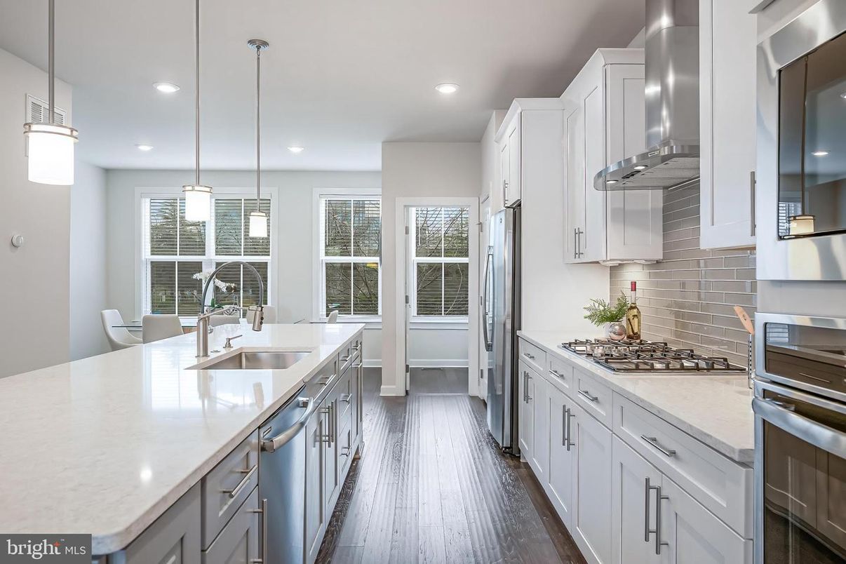 Interior, Kitchen, Pendant Lights, Recessed Lighting, Stainless Steel Appliances, Wood Texture Flooring