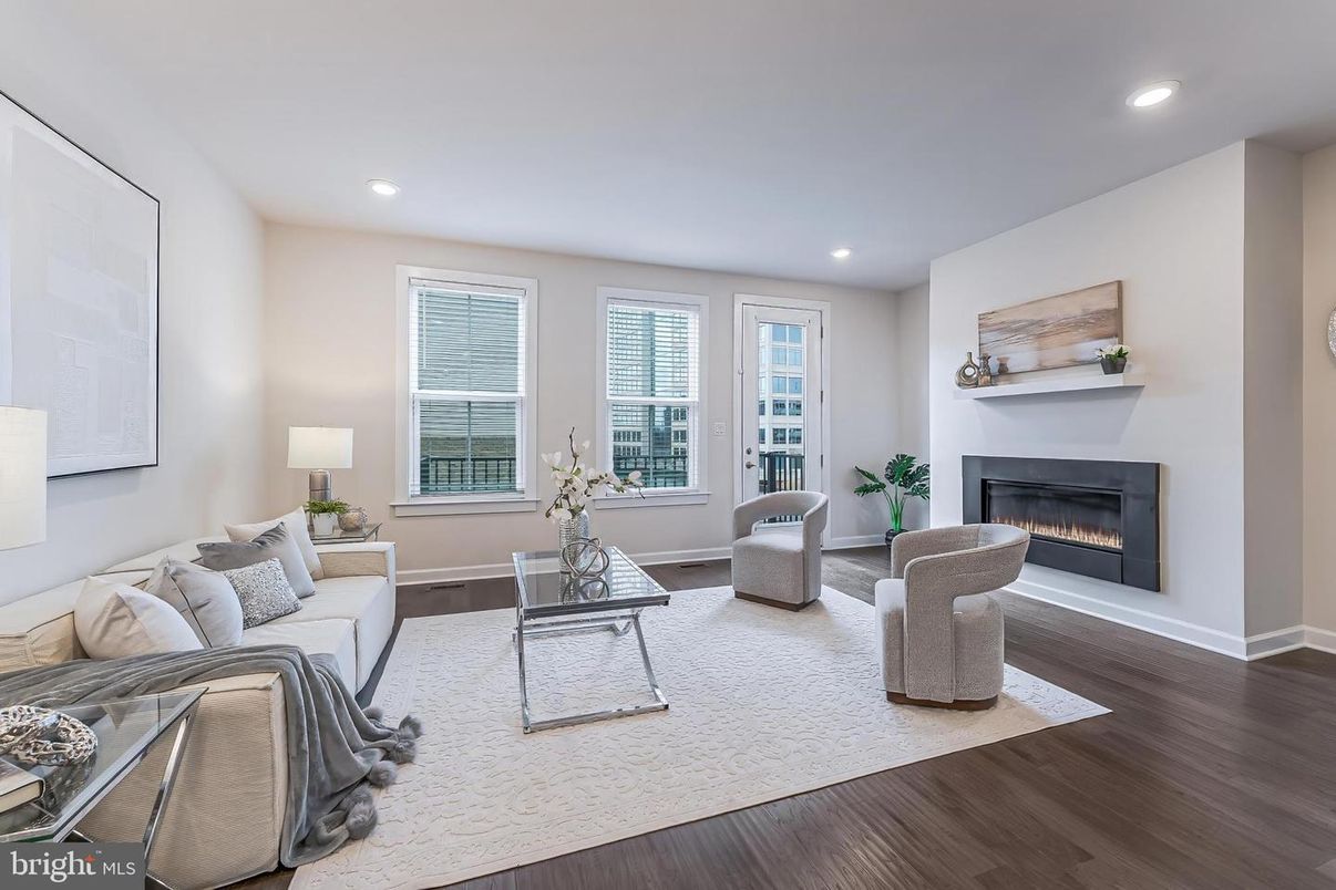 Fireplace, Interior, Living room, Recessed Lighting, Wood Texture Flooring