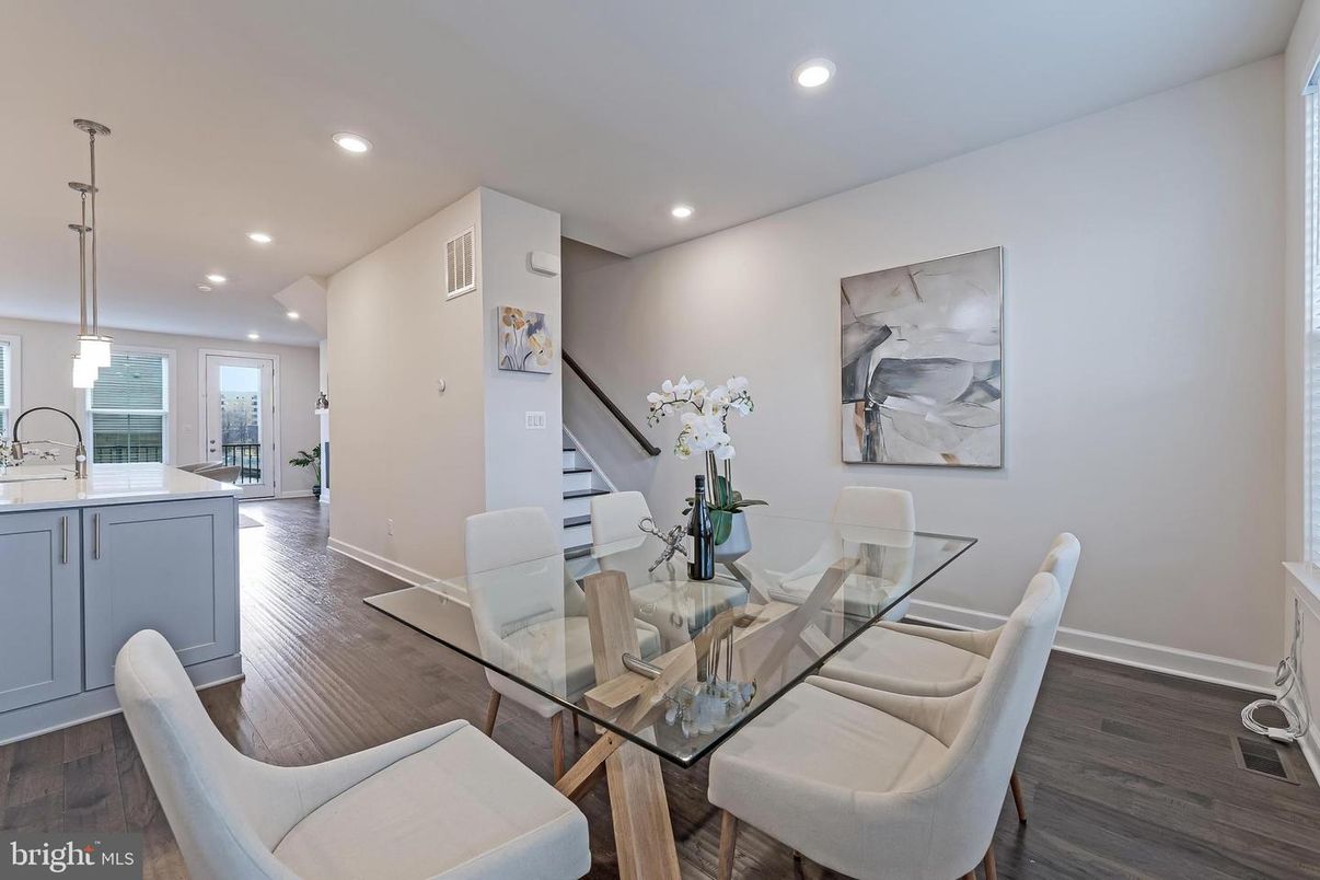 Dining room, Interior, Pendant Lights, Recessed Lighting, Wood Texture Flooring
