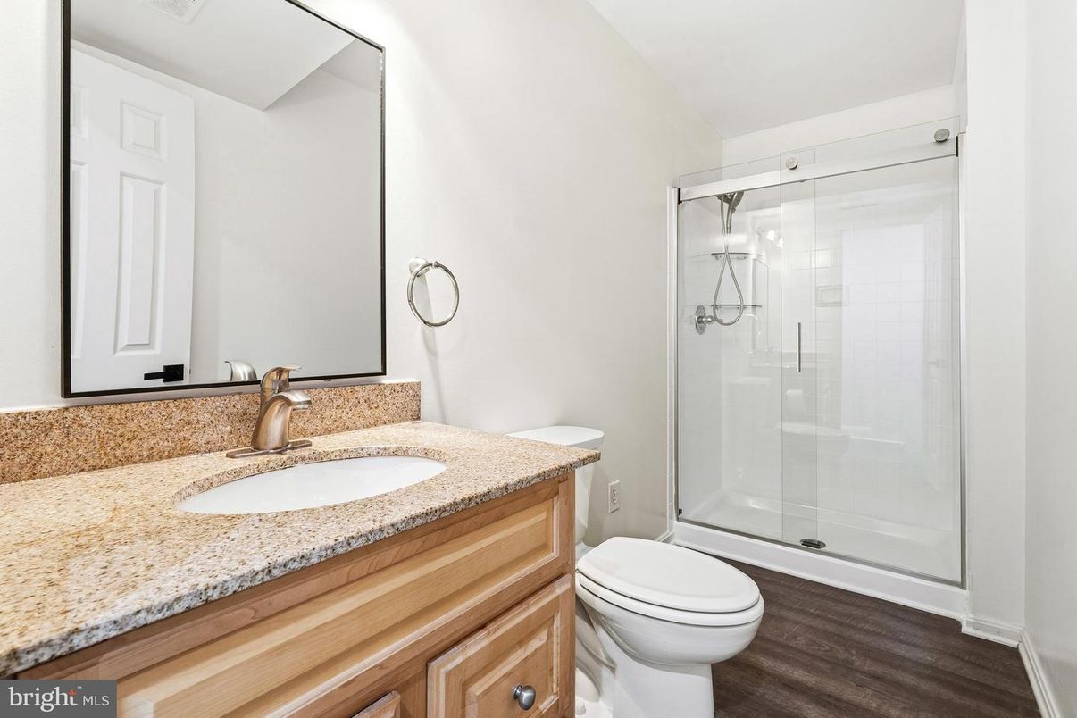 Bathroom, Glass Shower, Interior, Wood Texture Flooring