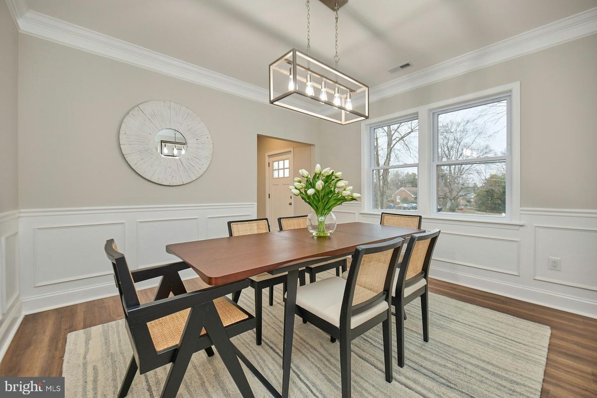 Dining room, Interior, Pendant Lights, Wood Texture Flooring