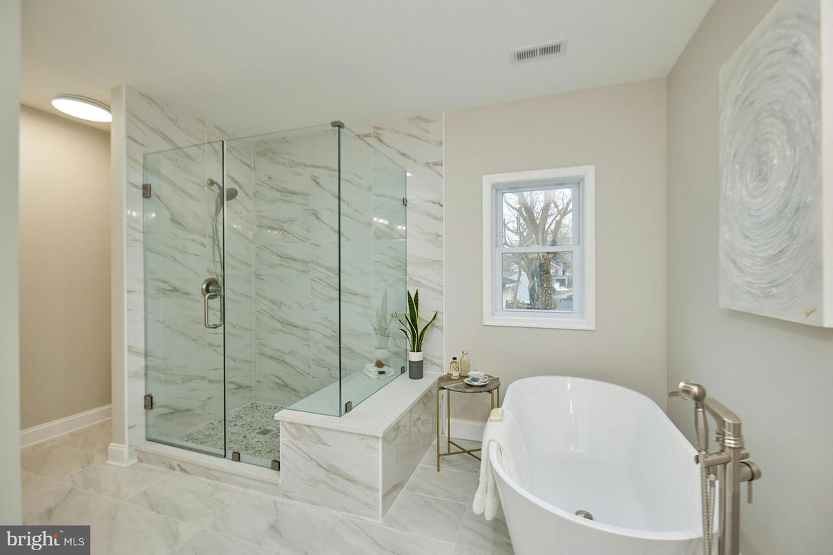 Bathroom, Free Standing Baths, Glass Shower, Interior, Marble, Marble Walls, Recessed Lighting