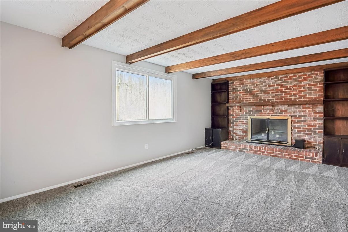 Empty room, Fireplace, Interior, Stone Walls, Wooden Beams