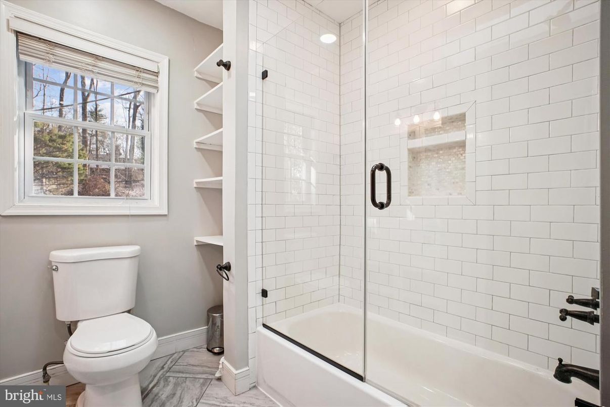 Bathroom, Glass Shower, Interior, Recessed Lighting, Wood Texture Flooring