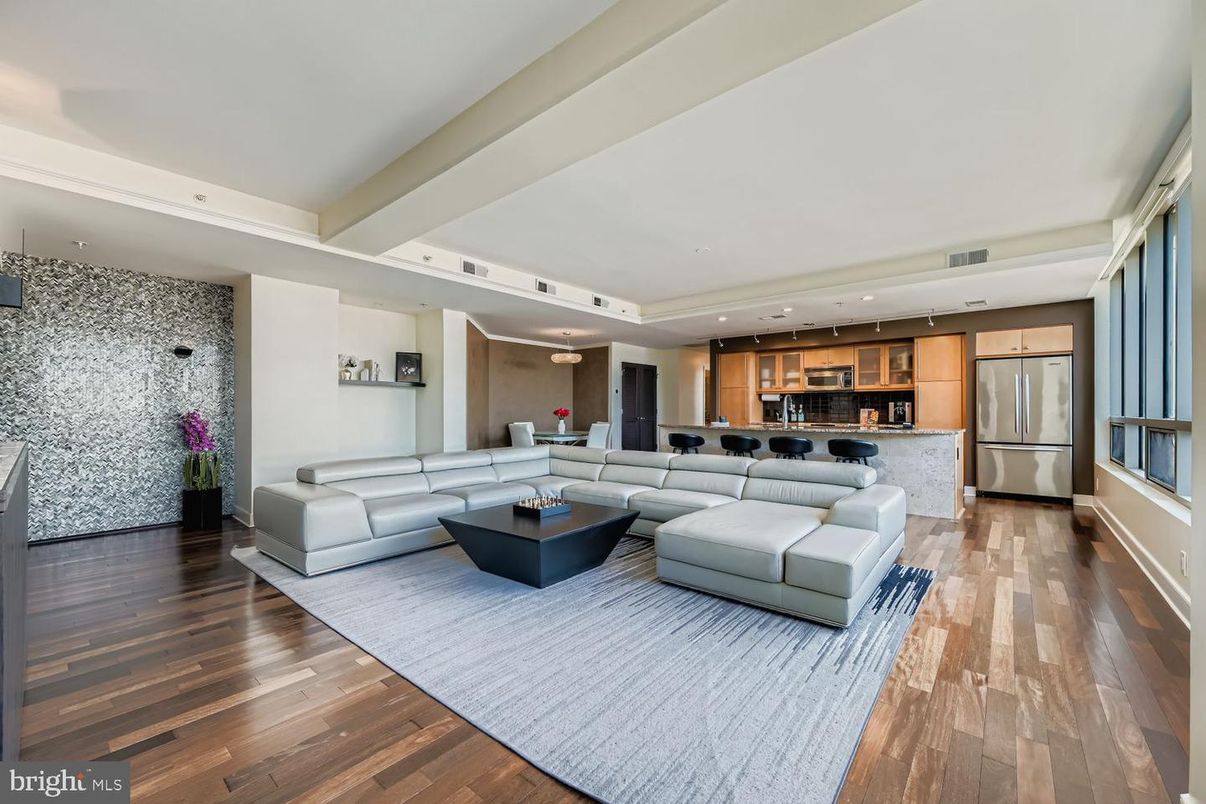 Interior, Kitchen, Living room, Recessed Lighting, Stainless Steel Appliances, Wood Texture Flooring