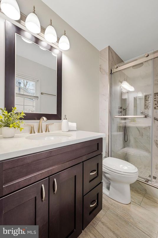 Bathroom, Glass Shower, Interior, Marble Walls, Wood Texture Flooring