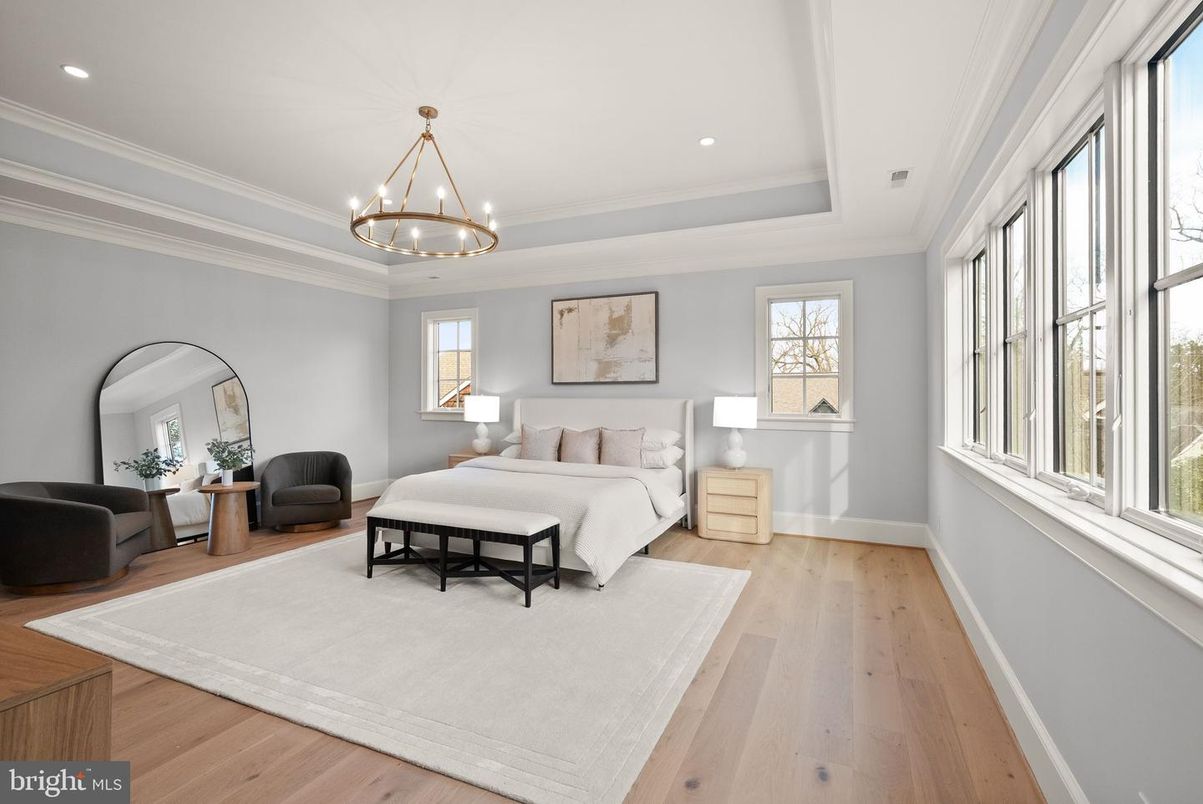 Bedroom, Chandelier, Interior, Pendant Lights, Recessed Lighting, Wood Texture Flooring