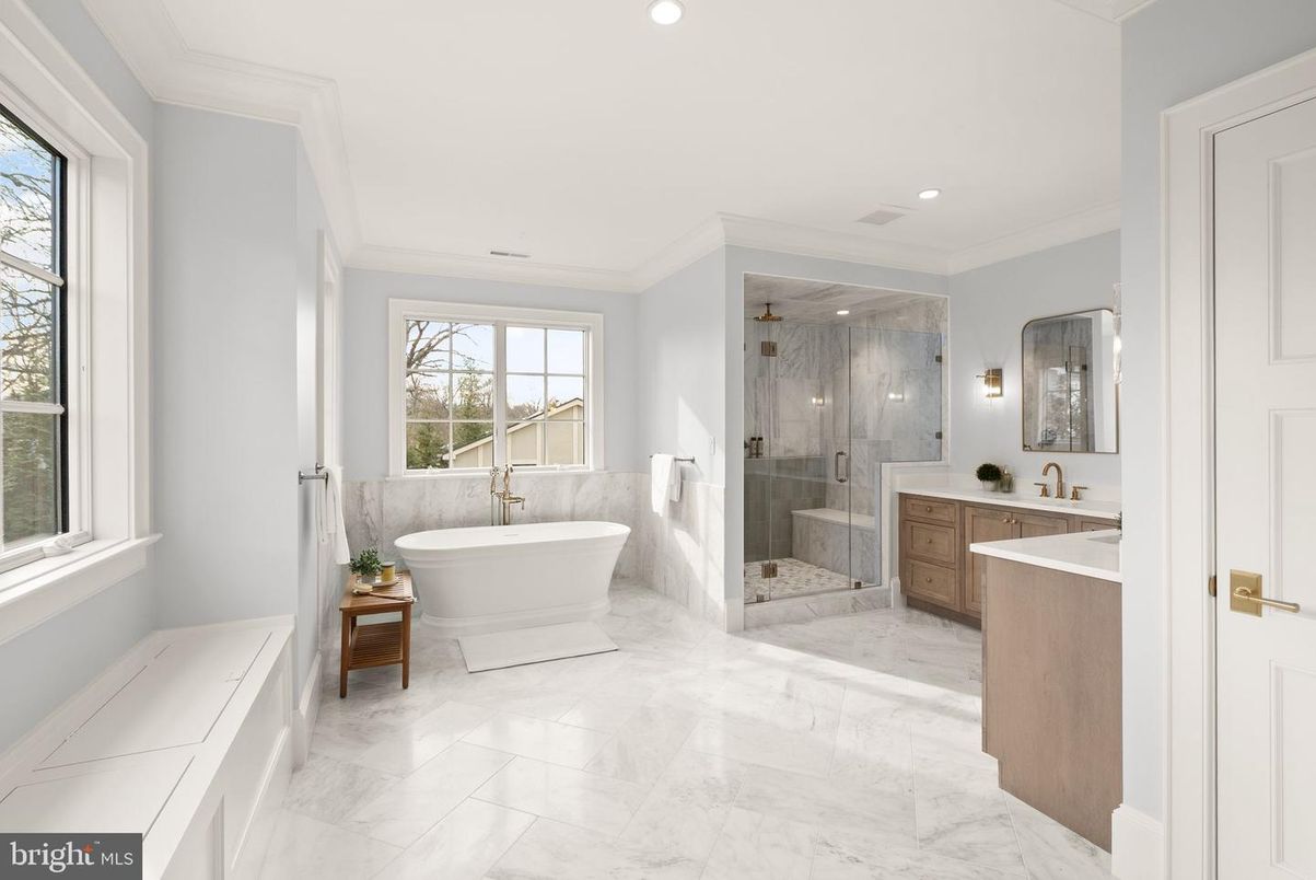 Bathroom, Free Standing Baths, Glass Shower, Interior, Marble, Marble Walls, Recessed Lighting