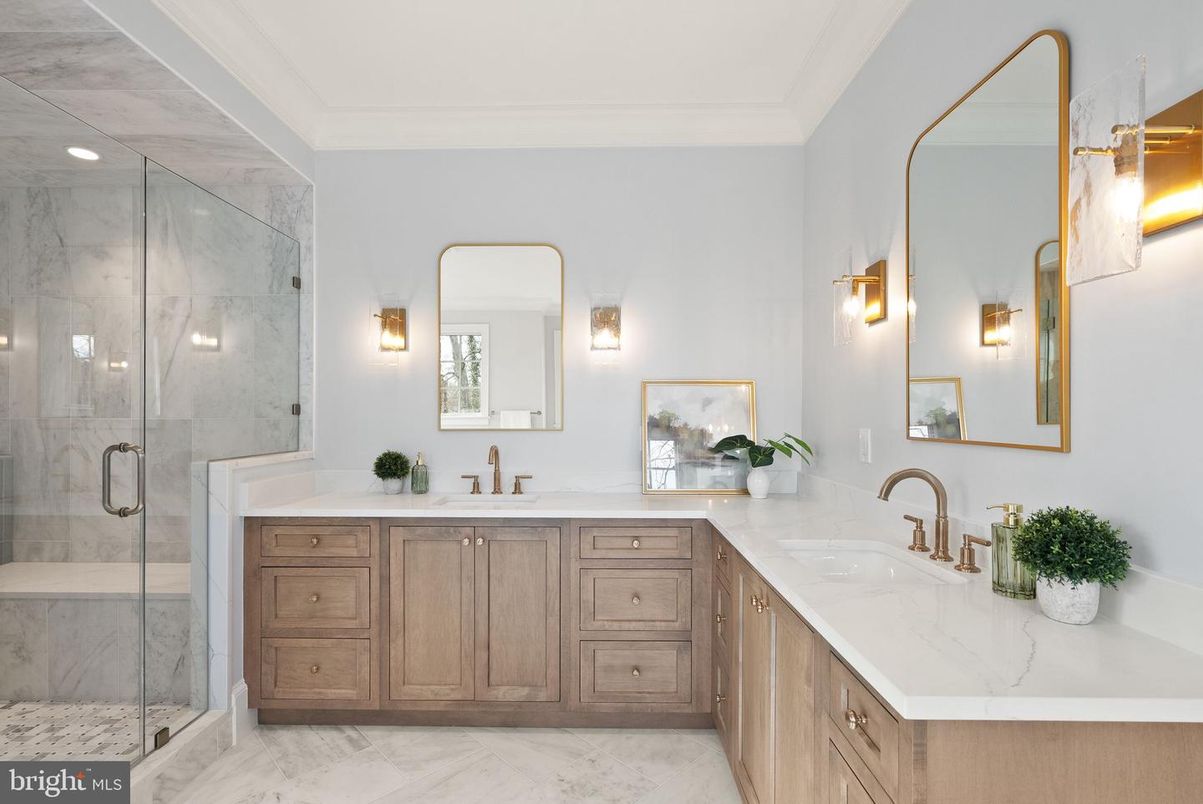 Bathroom, Dual Sink Vanities, Glass Shower, Interior, Marble, Marble Walls