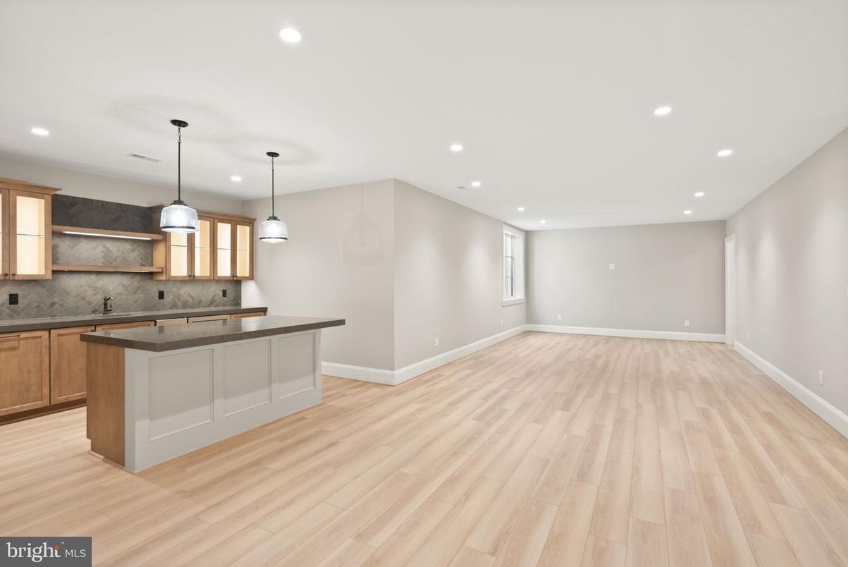 Empty room, Interior, Kitchen, Pendant Lights, Recessed Lighting, Wood Texture Flooring