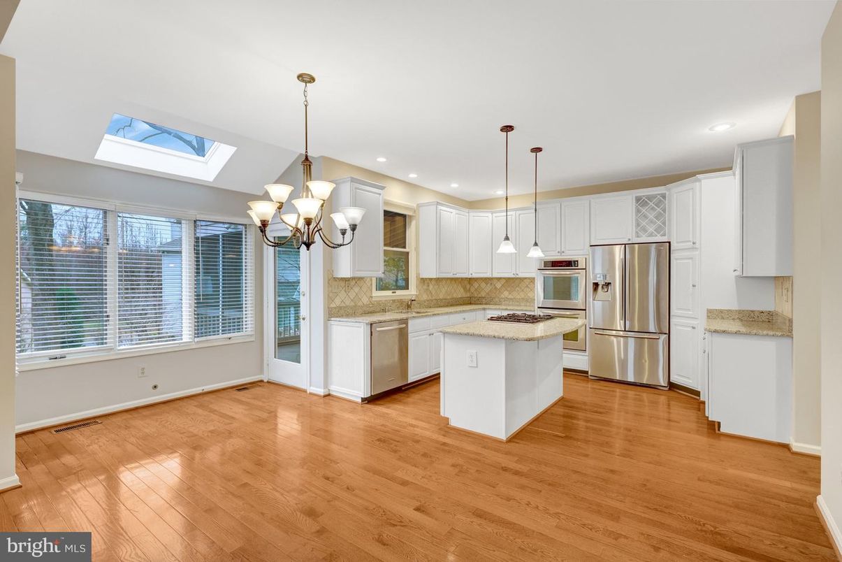 Chandelier, Interior, Kitchen, Pendant Lights, Recessed Lighting, Stainless Steel Appliances, Wood Texture Flooring