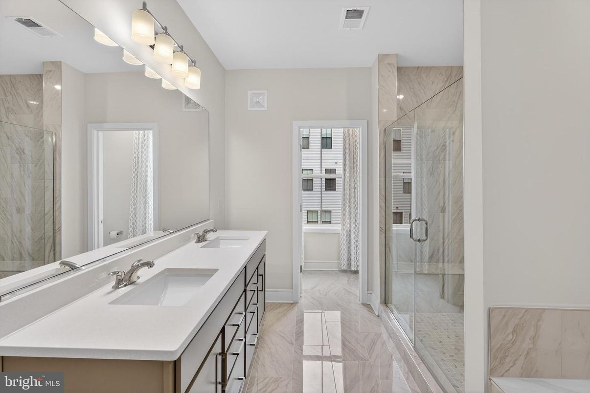Bathroom, Dual Sink Vanities, Glass Shower, Interior, Marble, Marble Walls