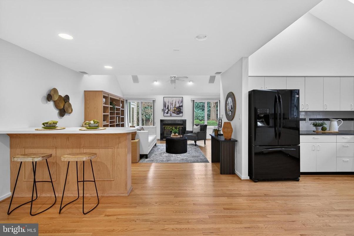 Fireplace, Interior, Kitchen, Living room, Recessed Lighting, Wood Texture Flooring