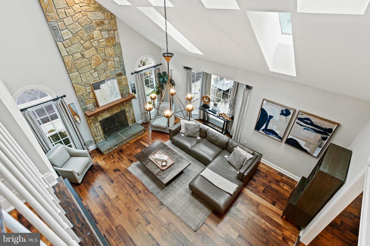 Fireplace, Interior, Living room, Pendant Lights, Stone Walls, Wood Texture Flooring