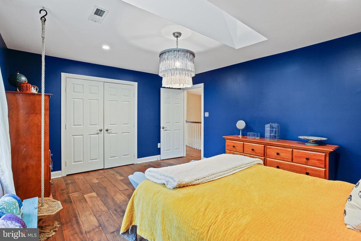 Bedroom, Chandelier, Interior, Recessed Lighting, Wood Texture Flooring