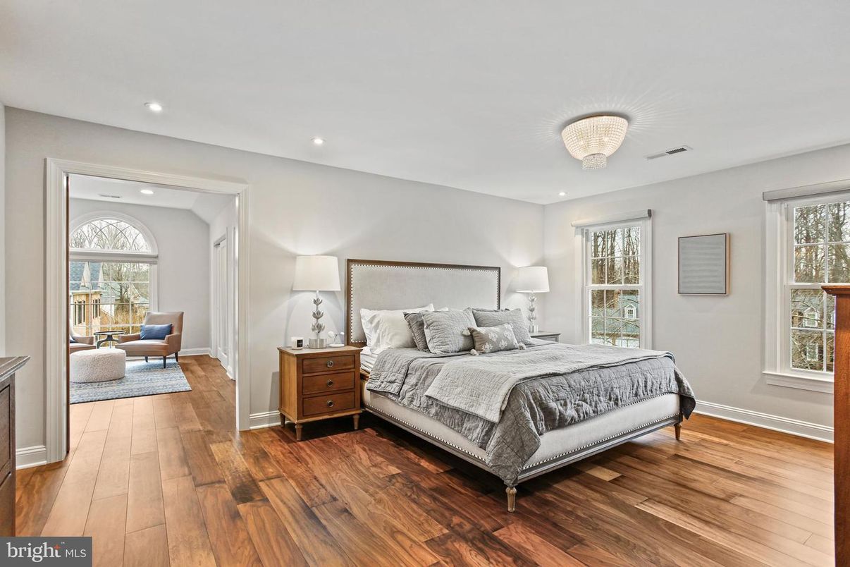 Bedroom, Chandelier, Interior, Recessed Lighting, Wood Texture Flooring