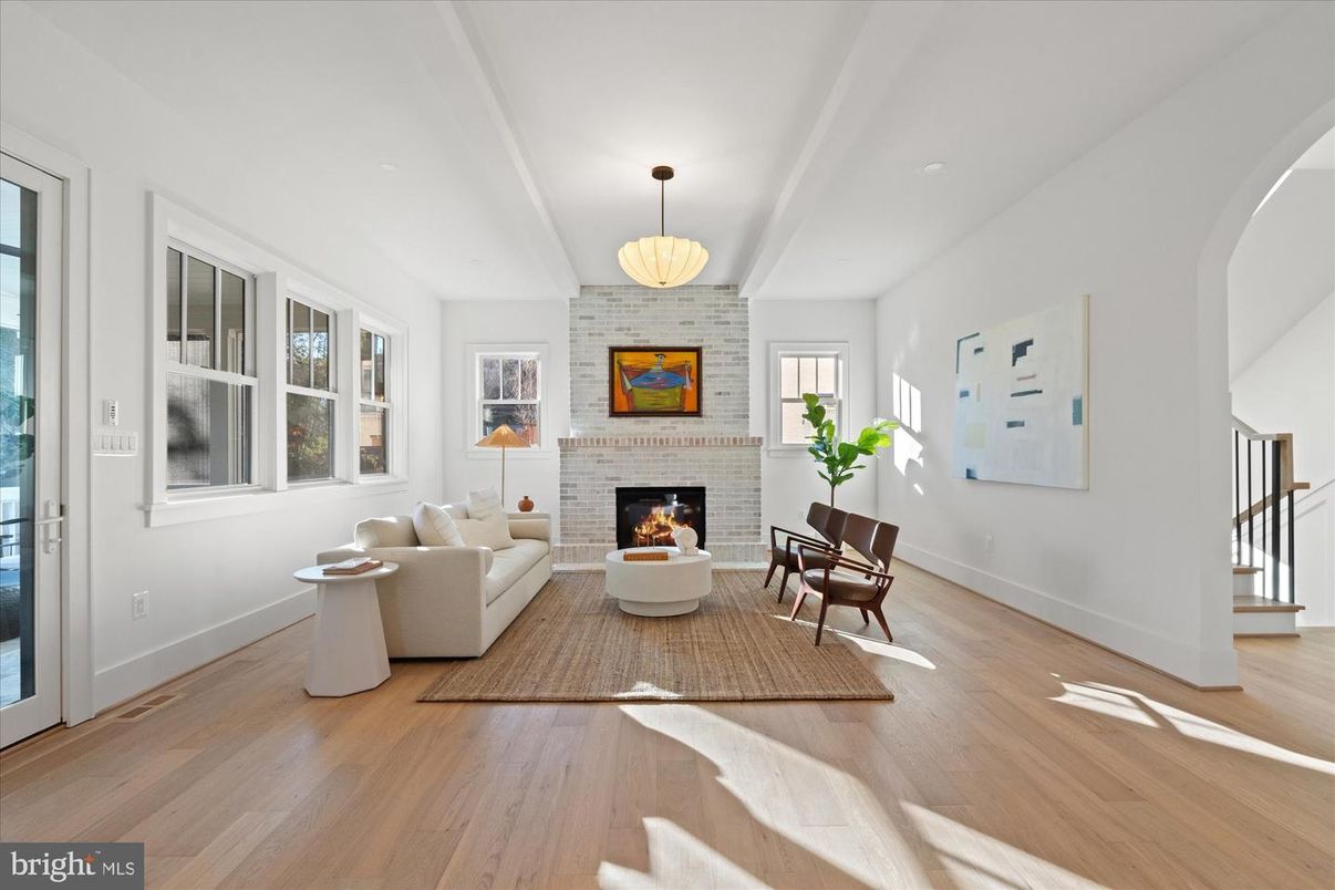 Fireplace, Interior, Living room, Pendant Lights, Stone Walls, Wood Texture Flooring