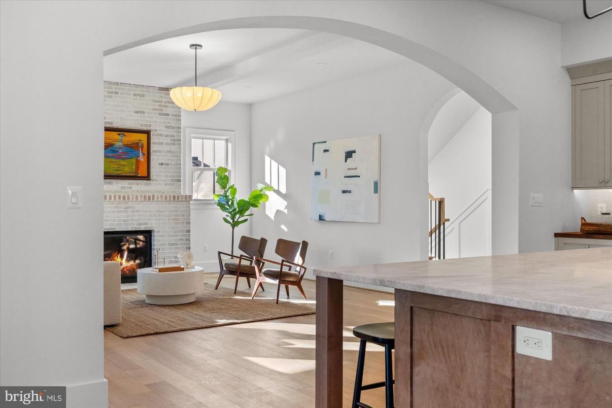Fireplace, Interior, Pendant Lights, Stone Walls, Wood Texture Flooring