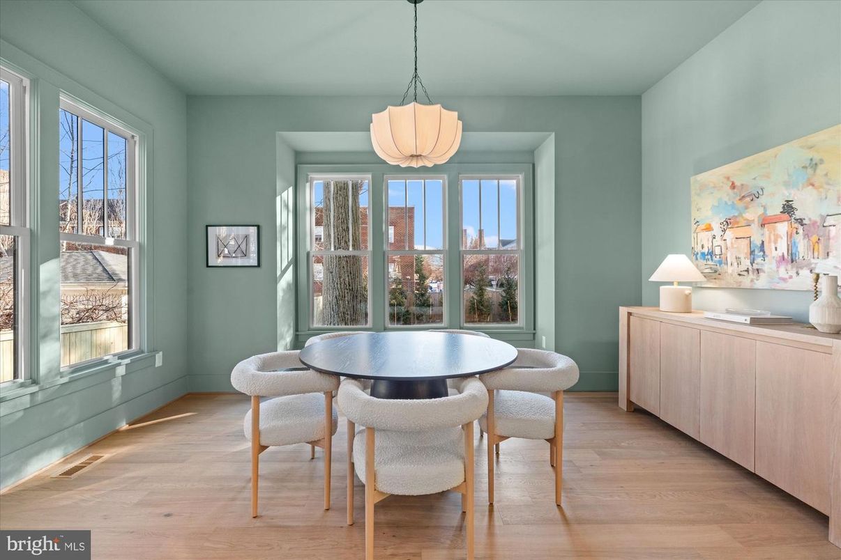 Dining room, Interior, Pendant Lights, Wood Texture Flooring