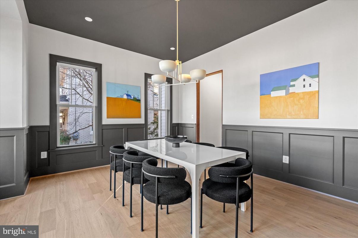 Dining room, Interior, Pendant Lights, Recessed Lighting, Wood Texture Flooring