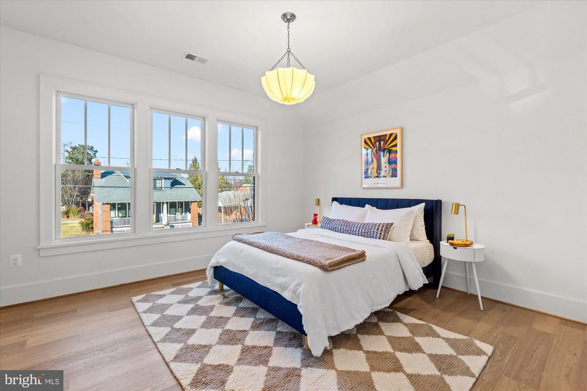 Bedroom, Interior, Pendant Lights, Wood Texture Flooring