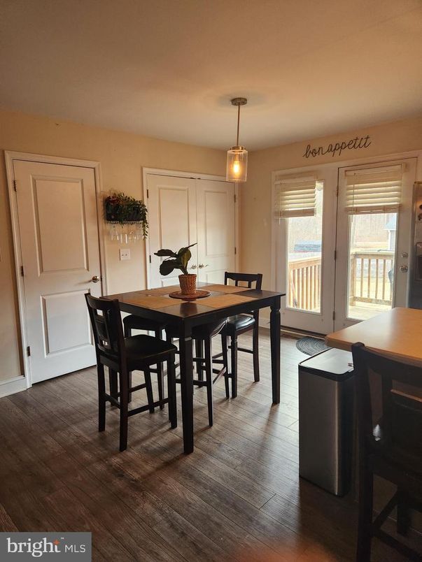 Dining room, Interior, Pendant Lights, Wood Texture Flooring