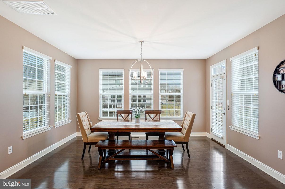 Dining room, Interior, Pendant Lights, Wood Texture Flooring