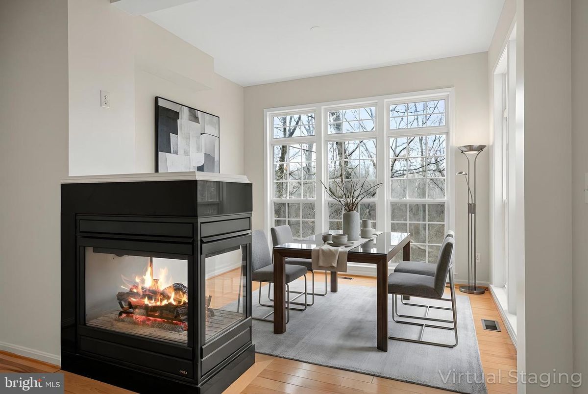 Dining room, Fireplace, Interior, Wood Texture Flooring