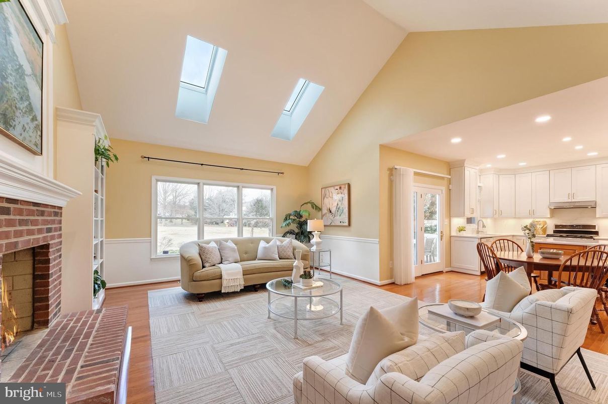 Dining room, Fireplace, Interior, Kitchen, Living room, Recessed Lighting, Wood Texture Flooring