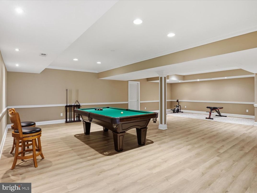 Billiard Table, Fitness Equipment, Game Room, Interior, Recessed Lighting, Wood Texture Flooring