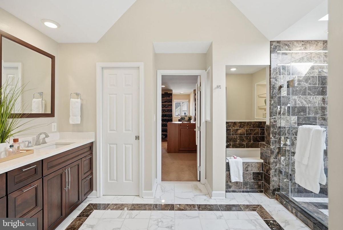 Bathroom, Dual Sink Vanities, Glass Shower, Interior, Marble, Recessed Lighting