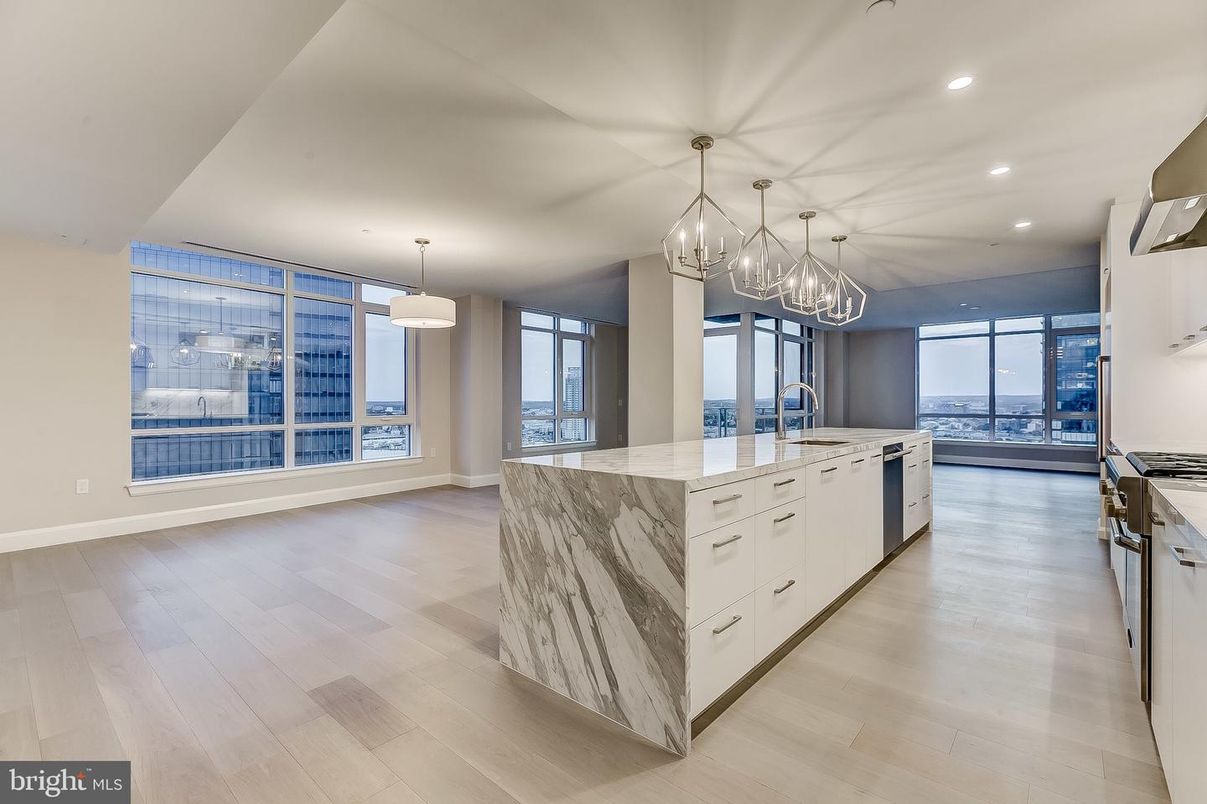 Chandelier, Interior, Kitchen, Pendant Lights, Recessed Lighting, Wood Texture Flooring