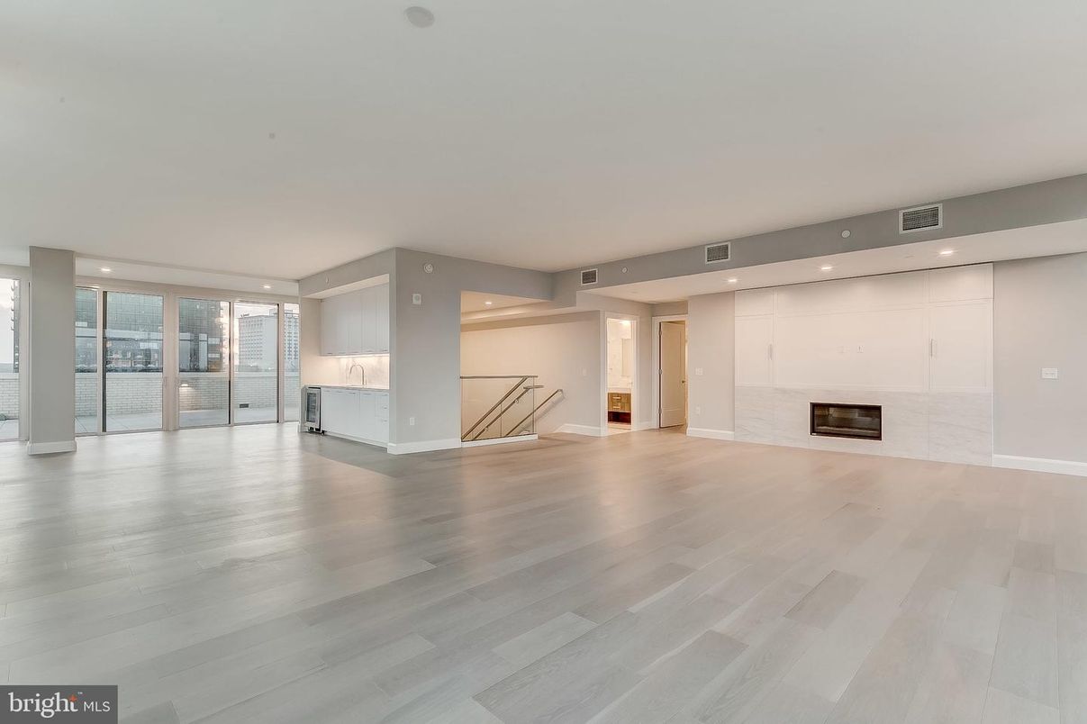 Empty room, Fireplace, Interior, Recessed Lighting, Wood Texture Flooring