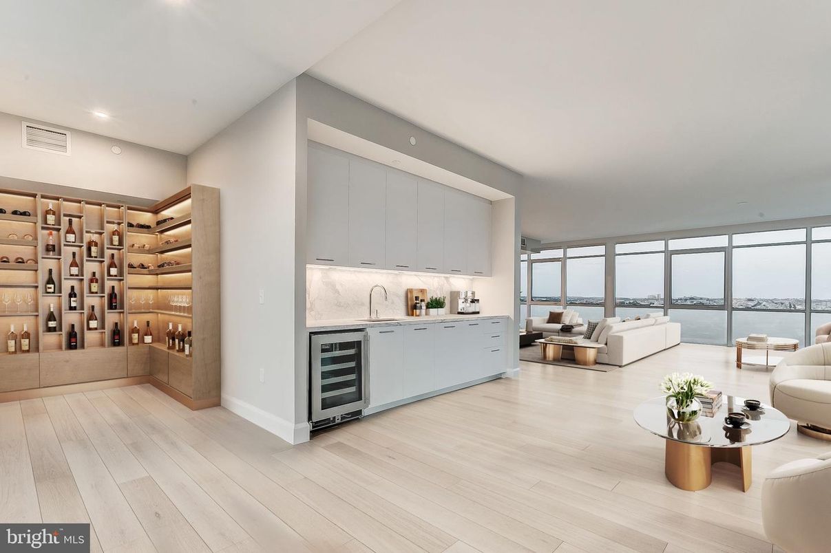 Interior, Living room, Recessed Lighting, Water, Wine Storage, Wood Texture Flooring