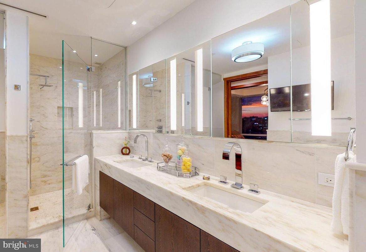 Bathroom, Dual Sink Vanities, Glass Shower, Interior, Marble, Marble Walls, Recessed Lighting