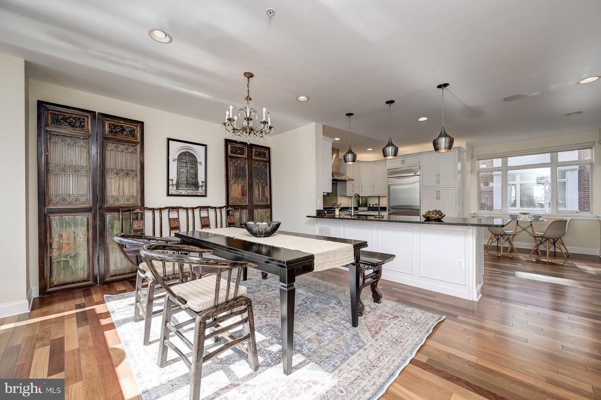 Chandelier, Dining room, Interior, Kitchen, Pendant Lights, Recessed Lighting, Stainless Steel Appliances, Wood Texture Flooring