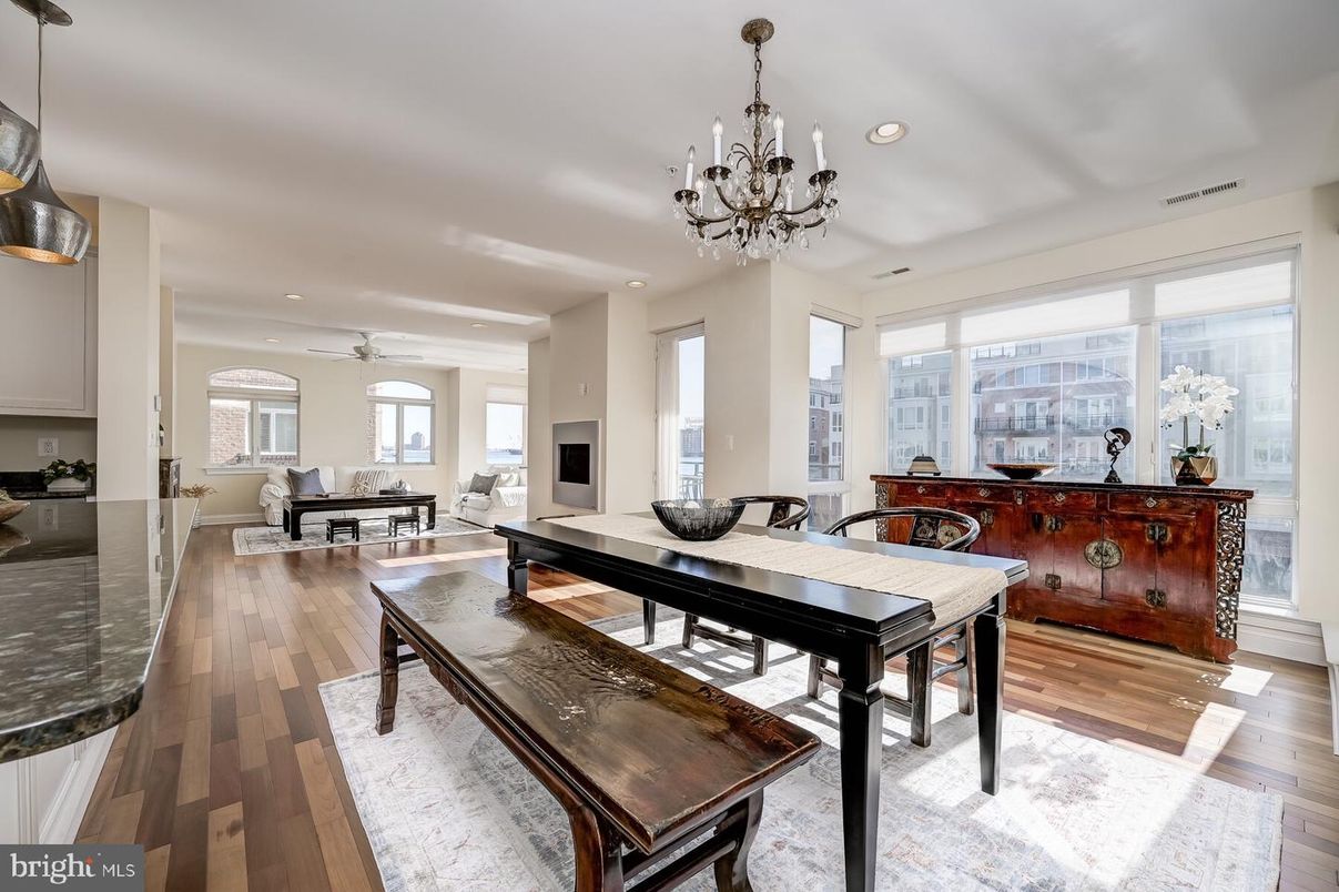Chandelier, Dining room, Interior, Living room, Recessed Lighting, Wood Texture Flooring