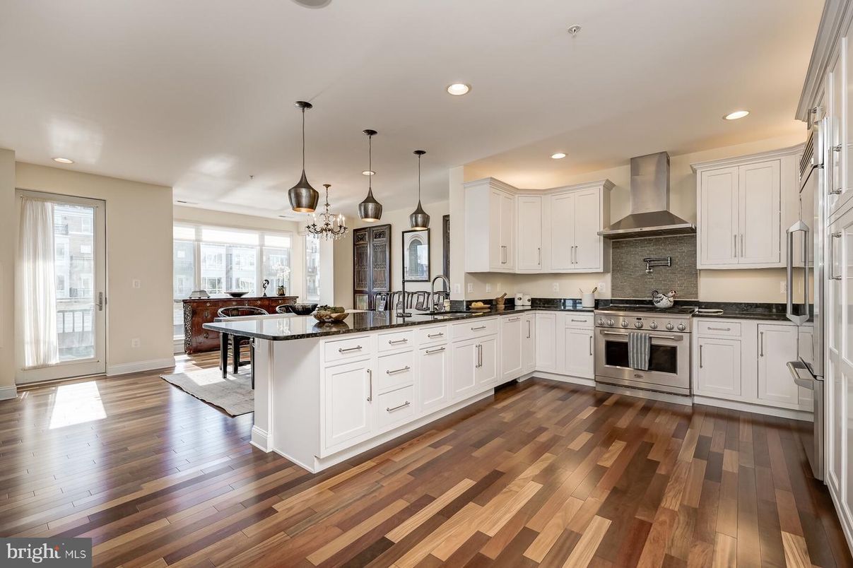 Interior, Kitchen, Pendant Lights, Recessed Lighting, Stainless Steel Appliances, Wood Texture Flooring