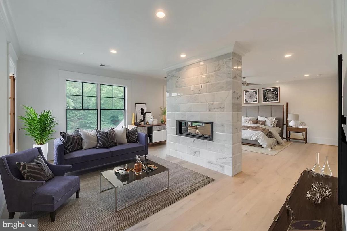 Bedroom, Fireplace, Interior, Living room, Recessed Lighting, Wood Texture Flooring